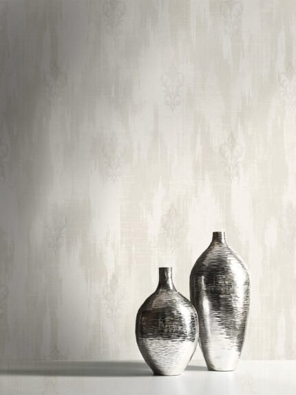 Aura Fleur-de-lis - Silver and Alabaster | Silvers and Pewters Medallions Wallpaper for Kitchen, Accent Wall, and Powder Room