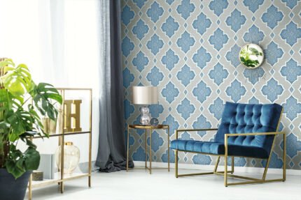 Aura Trellis - Silver, Blue, and Glitter | Blues Geometrics Wallpaper for Office, Accent Wall, and Powder Room
