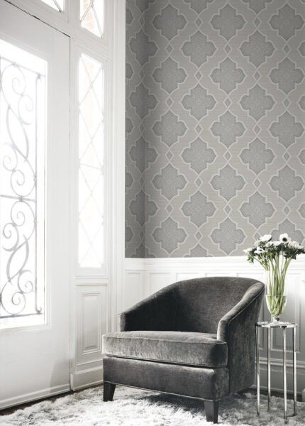 Aura Trellis - Silver, Gray, and Glitter | Grays Geometrics Wallpaper for Office, Accent Wall, and Powder Room