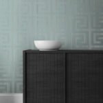 Greek Key - Metallic Sea Green | Greens Textures Wallpaper for Hallway, Dining Room, and Nursery