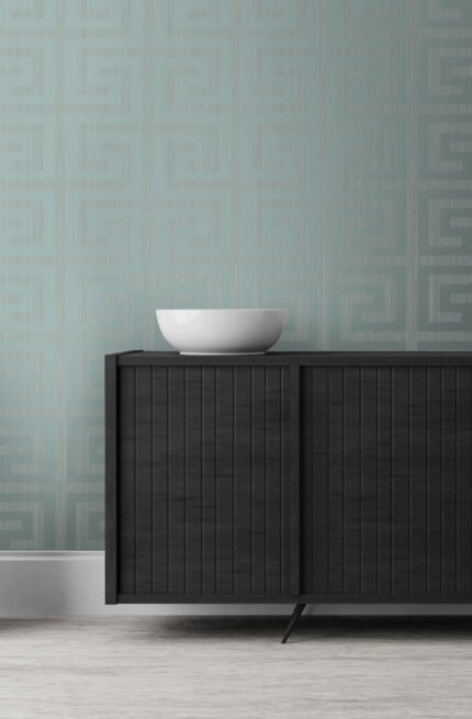 Greek Key - Metallic Sea Green | Greens Textures Wallpaper for Hallway, Dining Room, and Nursery
