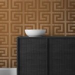 Greek Key - Metallic Terra Cotta | Coppers and Bronzes Textures Wallpaper for Powder Room, Bedroom, and Living Room