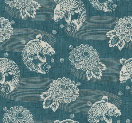 Koi Pond | Blues Asian and Chinoiseries Wallpaper for Half Bath, Entryway, and Nursery
