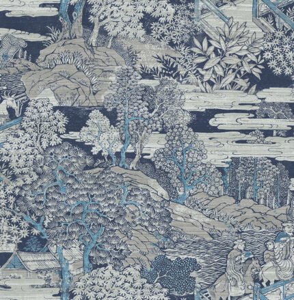 Eastern Garden | Blues Asian and Chinoiseries Wallpaper for Hallway, Nursery, and Half Bath