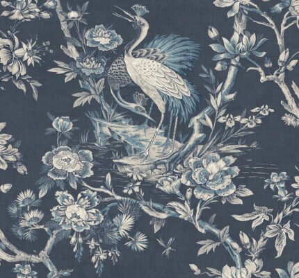 Crane Toile | Blues Toiles Wallpaper for Office, Bedroom, and Powder Room