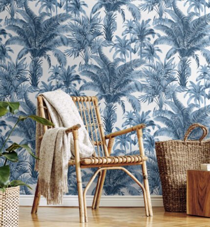 Charleston Palms | Blues Florals, Botanicals and Tropicals Wallpaper for Kitchen, Dining Room, and Bedroom