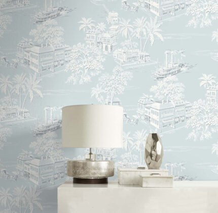 Charleston Toile | Blues Toiles Wallpaper for Half Bath, Accent Wall, and Bedroom