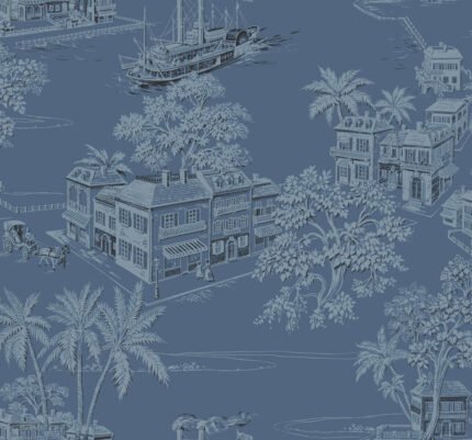 Charleston Toile | Blues Toiles Wallpaper for Living Room, Office, and Accent Wall