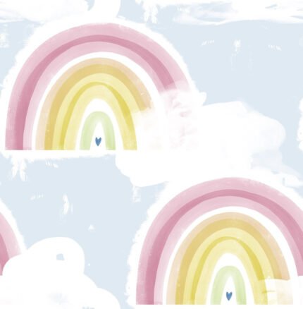 Rainbows - Powder Blue | Blues Children and Nursery Wallpaper for Dining Room, Hallway, and Kitchen