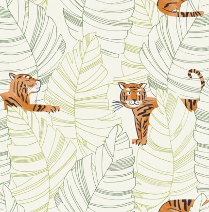 Hiding Tigers - Green and Orange | Greens Children and Nursery Wallpaper for Nursery, Dining Room, and Accent Wall