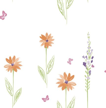 Daisy Field - Orange and Lime | Greens Children and Nursery Wallpaper for Hallway, Entryway, and Office