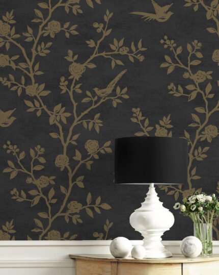 Silhouette - Peppercorn and Champagne Metallic | Blacks Asian and Chinoiseries Wallpaper for Accent Wall, Office, and Dining Room