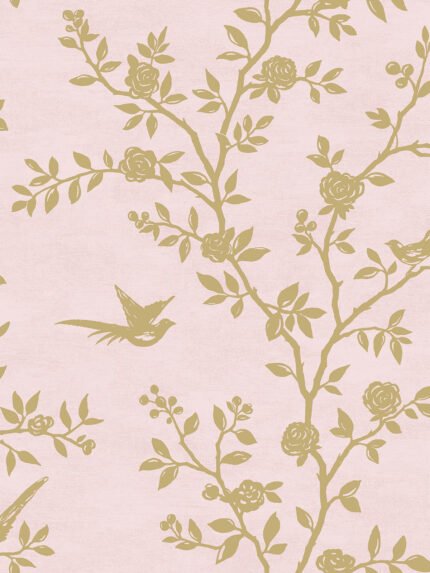 Silhouette - Blush and Champagne Metallic | Pinks Asian and Chinoiseries Wallpaper for Living Room, Hallway, and Powder Room
