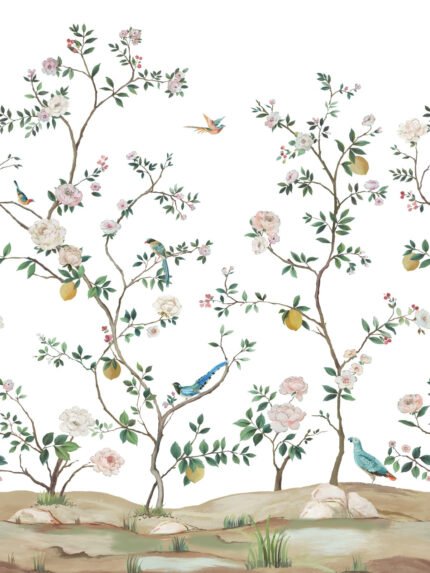 Blossom Chinoisserie Mural - Silver Grascloth