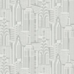 Manhattan Skyline - Silver Sky | Silvers and Pewters Architecturals Wallpaper for Accent Wall, Nursery, and Living Room