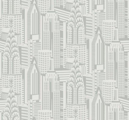 Manhattan Skyline - Silver Sky | Silvers and Pewters Architecturals Wallpaper for Accent Wall, Nursery, and Living Room