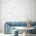 Deco Damask - Frosty | Grays Damasks and Scrolls Wallpaper for Kitchen, Hallway, and Powder Room