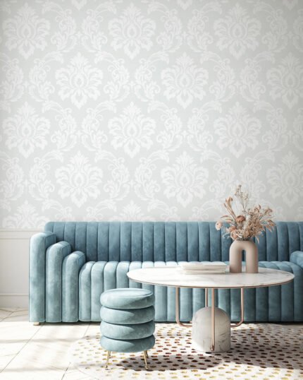 Deco Damask - Frosty | Grays Damasks and Scrolls Wallpaper for Kitchen, Hallway, and Powder Room