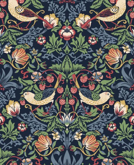 Fragaria Garden - Midnight Blue | Blues Animals, Birds and Insects Wallpaper for Bedroom, Powder Room, and Dining Room