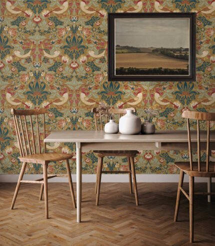 Fragaria Garden - Ochre | Yellows Animals, Birds and Insects Wallpaper for Dining Room, Bedroom, and Kitchen