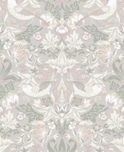 Fragaria Garden - Light Grey and Rose Petal | Grays Animals, Birds and Insects Wallpaper for Bedroom, Entryway, and Office