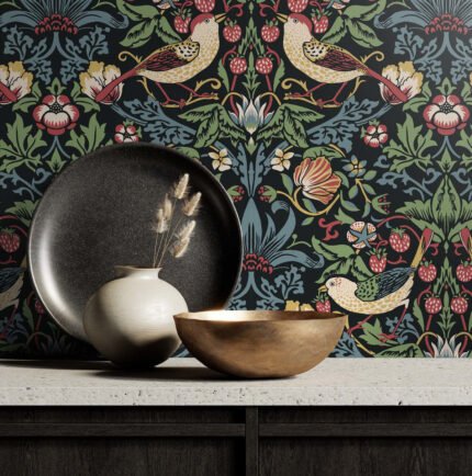 Fragaria Garden - Ebony | Blacks Animals, Birds and Insects Wallpaper for Accent Wall, Entryway, and Half Bath