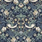 Fragaria Garden - Navy Blue and Aloe | Blues Animals, Birds and Insects Wallpaper for Hallway, Nursery, and Half Bath