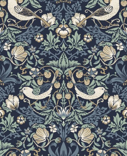 Fragaria Garden - Navy Blue and Aloe | Blues Animals, Birds and Insects Wallpaper for Hallway, Nursery, and Half Bath