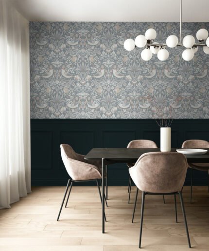 Fragaria Garden - Blue Mist and Blush | Blues Animals, Birds and Insects Wallpaper for Dining Room, Office, and Powder Room