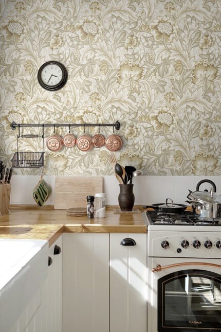 Acanthus Garden - Warm Neutral | Warm Neutrals and Beiges Florals, Botanicals and Tropicals Wallpaper for Hallway, Nursery, and Bedroom