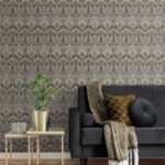 Dragonfly Damask - Metallic Bronze and Smoke | Grays Damasks and Scrolls Wallpaper for Half Bath, Dining Room, and Powder Room