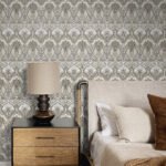 Dragonfly Damask - Warm Pewter | Warm Neutrals and Beiges Damasks and Scrolls Wallpaper for Accent Wall, Bedroom, and Hallway