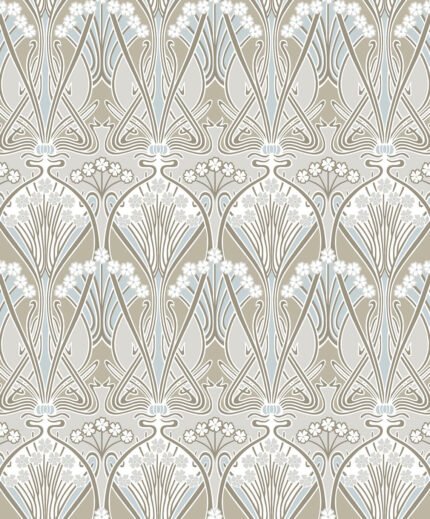 Dragonfly Damask - Soft Taupe and Blue Mist | Cool Neutrals Damasks and Scrolls Wallpaper for Kitchen, Powder Room, and Bedroom
