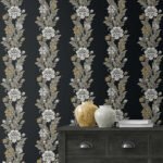 Blooming Stripe - Ebony and Goldenrod | Blacks Florals, Botanicals and Tropicals Wallpaper for Hallway, Nursery, and Kitchen