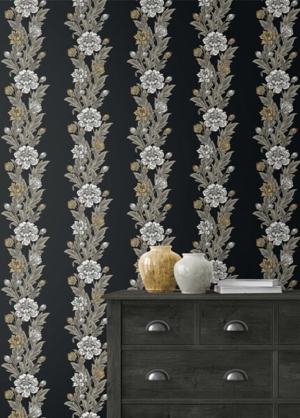Blooming Stripe - Ebony and Goldenrod | Blacks Florals, Botanicals and Tropicals Wallpaper for Hallway, Nursery, and Kitchen