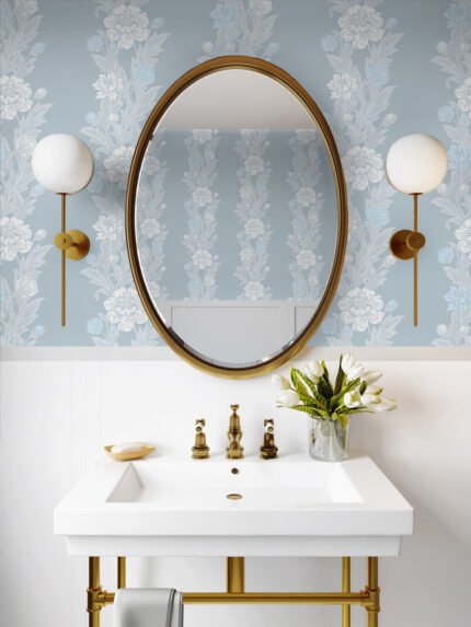 Blooming Stripe - Baby Blue | Blues Florals, Botanicals and Tropicals Wallpaper for Office, Powder Room, and Hallway
