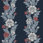 Blooming Stripe - Deep Navy and Berry | Blues Florals, Botanicals and Tropicals Wallpaper for Powder Room, Bedroom, and Living Room