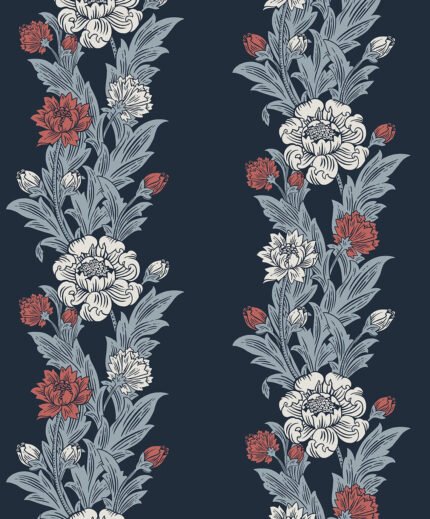 Blooming Stripe - Deep Navy and Berry | Blues Florals, Botanicals and Tropicals Wallpaper for Powder Room, Bedroom, and Living Room
