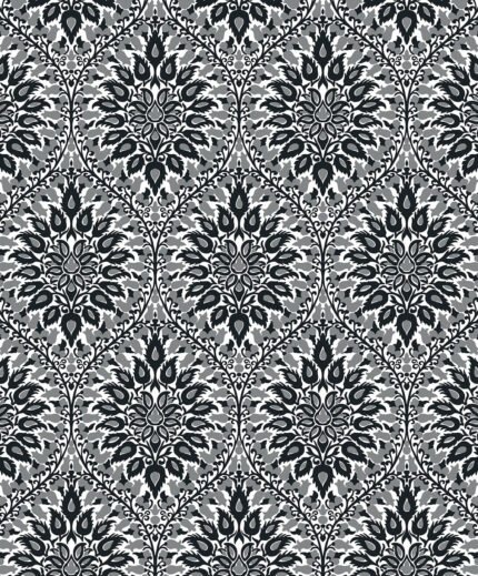 Luna Ogee - Ebony and Argos Grey | Blacks Damasks and Scrolls Wallpaper for Powder Room, Accent Wall, and Hallway