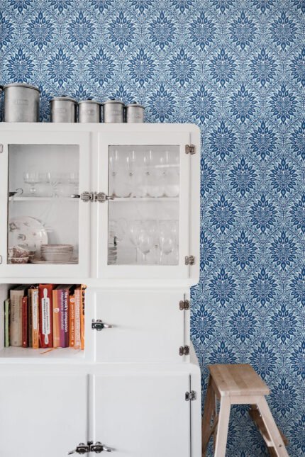 Luna Ogee - Lakeside | Blues Damasks and Scrolls Wallpaper for Entryway, Office, and Living Room