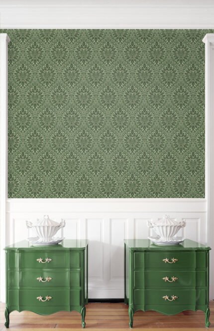 Luna Ogee - Fern | Greens Damasks and Scrolls Wallpaper for Dining Room, Kitchen, and Half Bath