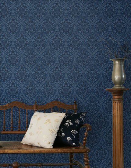 Luna Ogee - Denim | Blues Damasks and Scrolls Wallpaper for Dining Room, Bedroom, and Powder Room