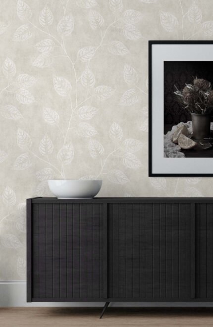 Leaf Impression - Raw Linen | Whites and Off Whites Trees and Leaves Wallpaper for Nursery, Office, and Accent Wall
