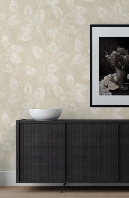 Leaf Impression - Summer Sand | Warm Neutrals and Beiges Trees and Leaves Wallpaper for Bedroom, Kitchen, and Living Room