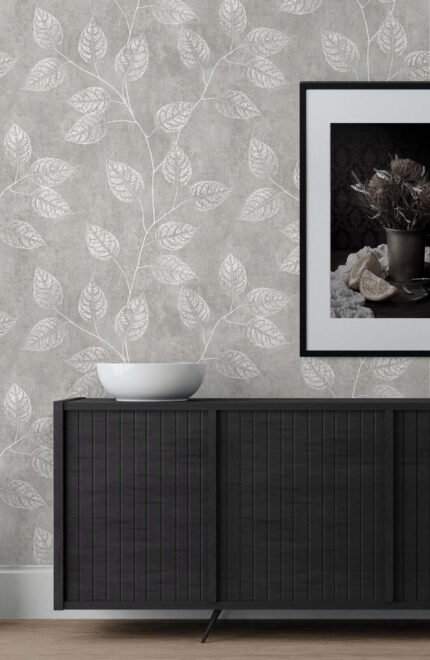 Leaf Impression - Slate | Grays Trees and Leaves Wallpaper for Bedroom, Half Bath, and Entryway