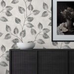 Leaf Impression - Black and White | Whites and Off Whites Trees and Leaves Wallpaper for Living Room, Entryway, and Dining Room