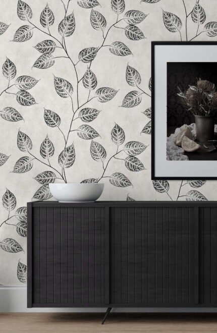 Leaf Impression - Black and White | Whites and Off Whites Trees and Leaves Wallpaper for Living Room, Entryway, and Dining Room