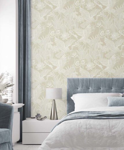 White Heron - Shore | Warm Neutrals and Beiges Animals, Birds and Insects Wallpaper for Dining Room, Kitchen, and Office
