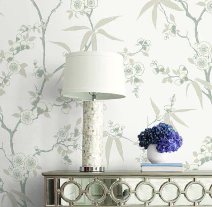Asian Blossom - Morning | Whites and Off Whites Asian and Chinoiseries Wallpaper for Accent Wall, Dining Room, and Half Bath