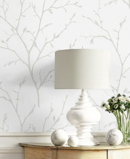 Branching Out - Winter Gray | Grays Trees and Leaves Wallpaper for Entryway, Half Bath, and Kitchen